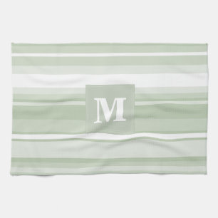 Monogram pale green stripes tea towel