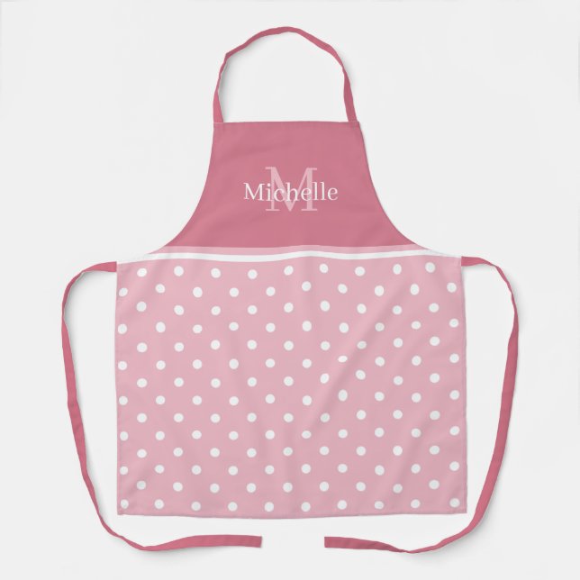 Monogram Pale Pink and White Polka Dots Apron (Front)