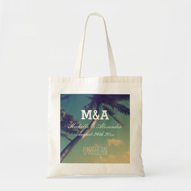 Monogram palm destination beach wedding tote bags (Front)