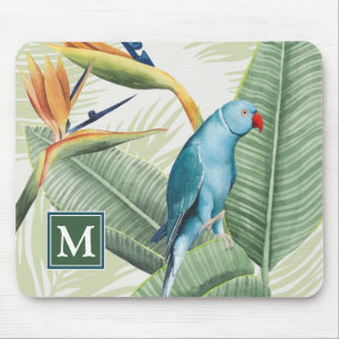 Monogram Palm Leaves With Blue Bird Mouse Pad