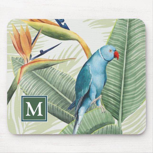 Monogram | Palm Leaves With Blue Bird Mouse Pad (Front)