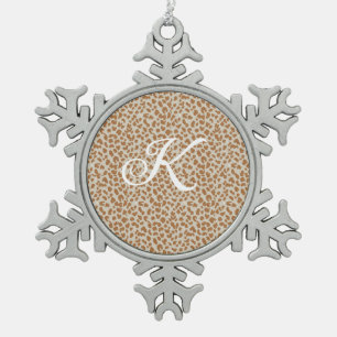 Monogram panther skin light brown pattern name let snowflake pewter christmas ornament