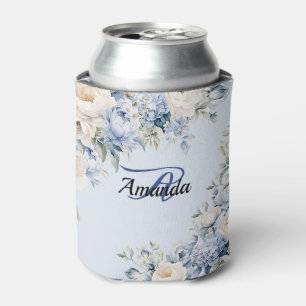 Monogram Party Dusty Blue Watercolor Ivory Flowers Can Cooler