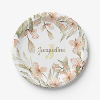 Monogram pastel baby pink sky baby flower design paper plate