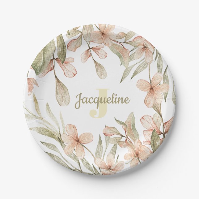 Monogram pastel baby pink sky baby flower design paper plate (Front)