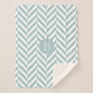 Monogram Pastel Blue Herringbone Pattern Sherpa Blanket