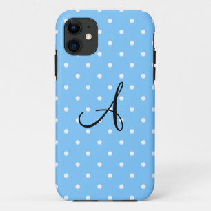 Monogram pastel blue white polka dots iPhone 11 case