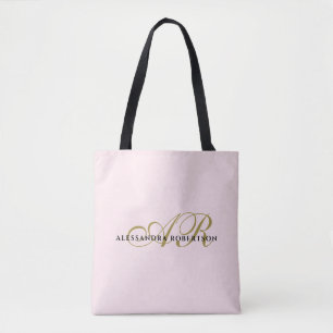 Monogram pastel blush pink gold black elegant chic tote bag