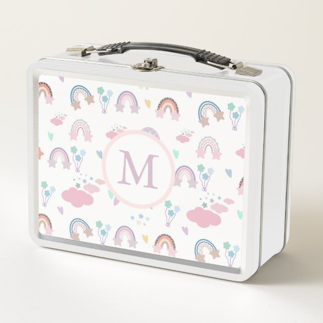 Monogram Pastel Boho Rainbow Metal Lunch Box (Front)