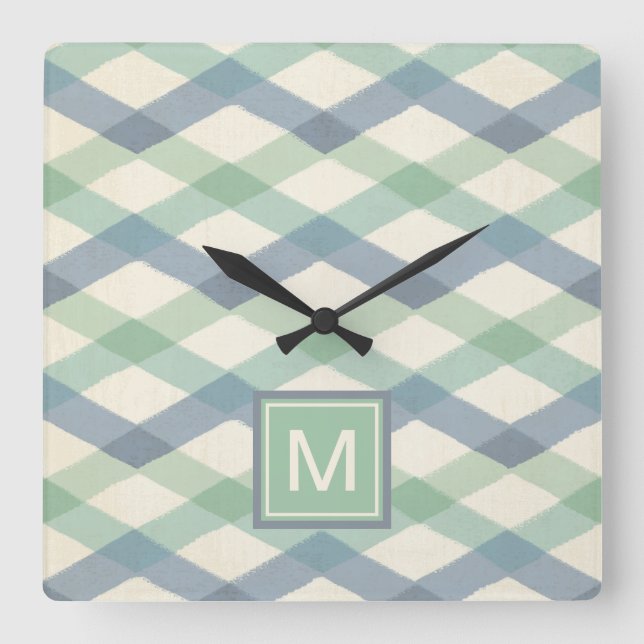 Monogram | Pastel Geometric Pattern Square Wall Clock (Front)