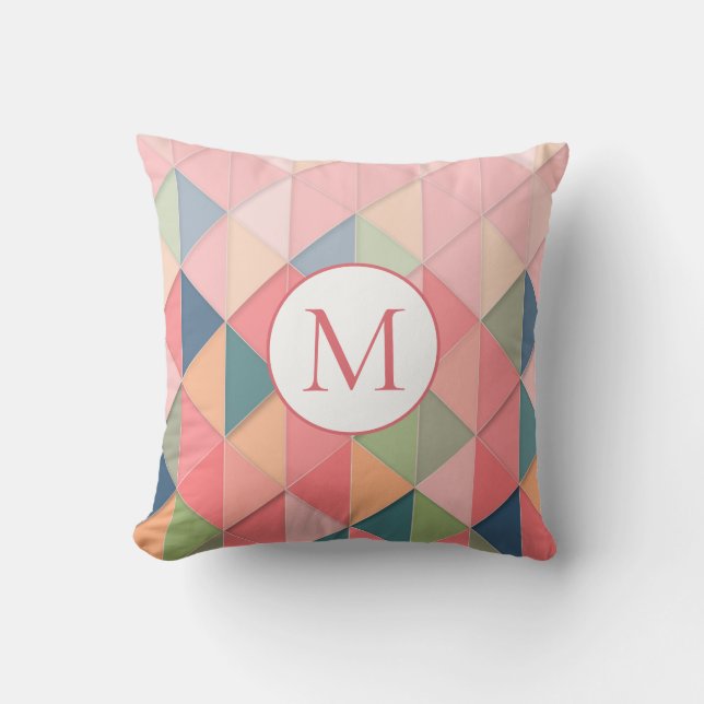 Monogram Pastel Pink Blue Green Geometric Pattern Cushion (Front)