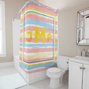 Monogram Pastel Pink Blue Yellow Stripes Shower Curtain