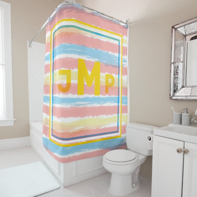 Monogram Pastel Pink Blue Yellow Stripes Shower Curtain (In Situ)