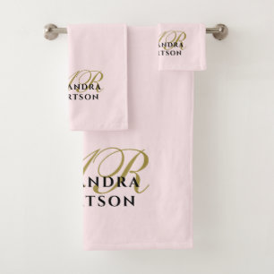 Monogram Pastel Pink Gold Black Minimalist Elegant Bath Towel Set