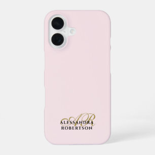 Monogram Pastel Pink Gold Black Minimalist Stylish iPhone 16 Case