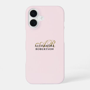 Monogram Pastel Pink Gold Black Stylish Minimalist iPhone 16 Case