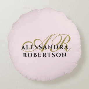 Monogram Pastel Pink Gold Black Stylish Minimalist Round Cushion