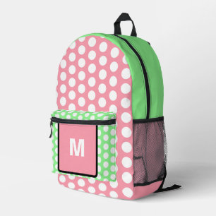 Monogram Pastel Pink Green White Polka Dots Printed Backpack