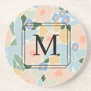 Monogram Pastel Pink Light Blue Flower Pattern Coa Coaster