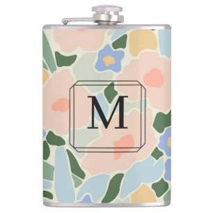 Monogram Pastel Pink Light Blue Flower Pattern Hip Flask