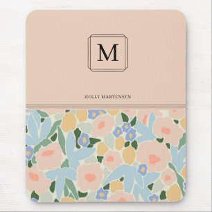 Monogram Pastel Pink Light Blue Flower Pattern Mouse Pad