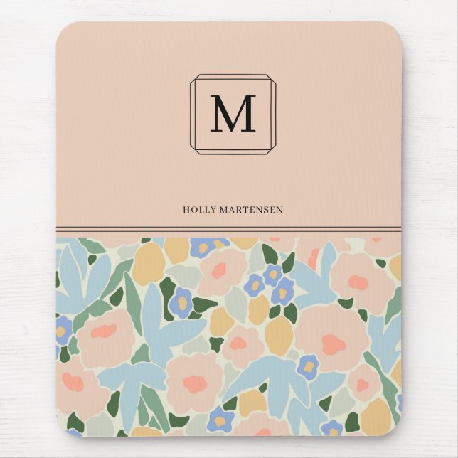 Monogram Pastel Pink Light Blue Flower Pattern Mouse Pad (Front)