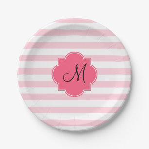 Monogram Pastel Pink Stripes Patten Paper Plate