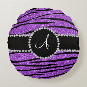Monogram pastel purple glitter zebra stripes round cushion