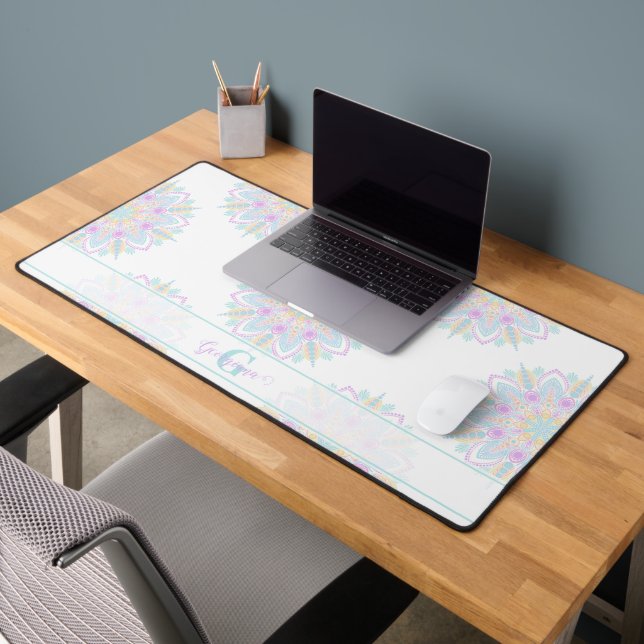 Monogram Pastel Rainbow Sundae Polka Dot Mandala Desk Mat (Office 2)