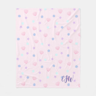Monogram Pastel Seashells and Pearls in Pink Fleece Blanket