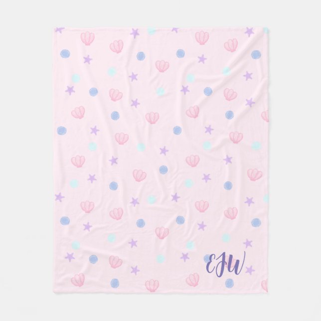 Monogram Pastel Seashells and Pearls in Pink Fleece Blanket (Front)