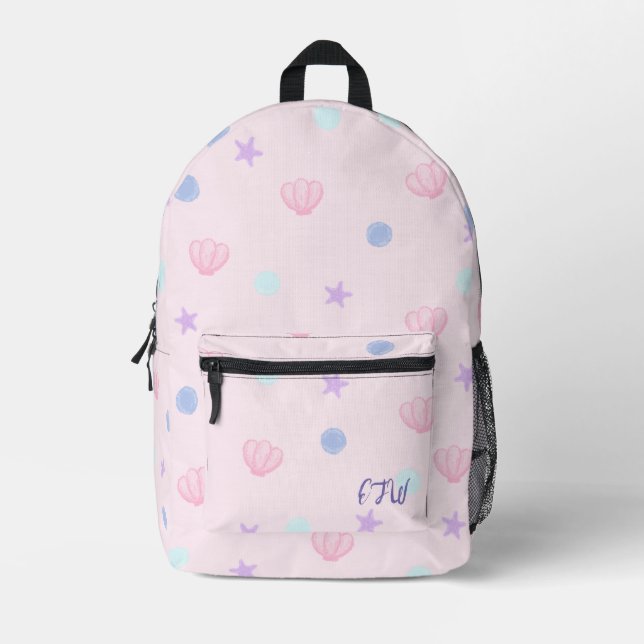 Monogram Pastel Seashells and Pearls in Pink Printed Backpack (Front)