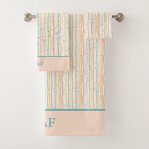 Monogram Pastel Stripes and Flowers Pink Teal Bath Towel Set