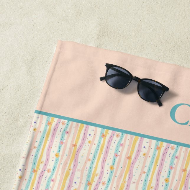 Monogram Pastel Stripes and Flowers Pink Teal Beach Towel (In Situ)