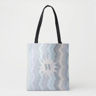 Monogram pastel watercolor stripes blue teal grey tote bag