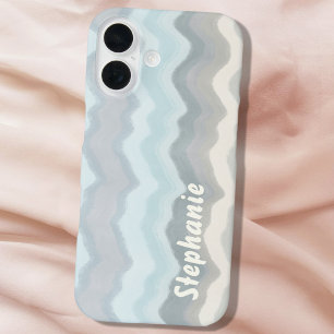 Monogram pastel waves stripes blue teal gray beige iPhone 16 case