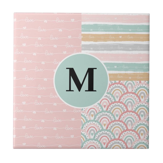 Monogram Patchwork  Hearts Rainbow  Ceramic Tile (Front)