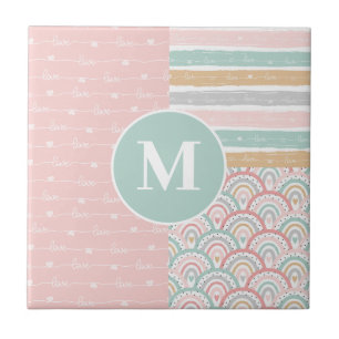 Monogram - Patchwork Hearts Rainbow Ceramic Tile