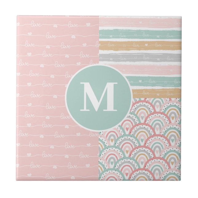 Monogram - Patchwork  Hearts Rainbow  Ceramic Tile (Front)