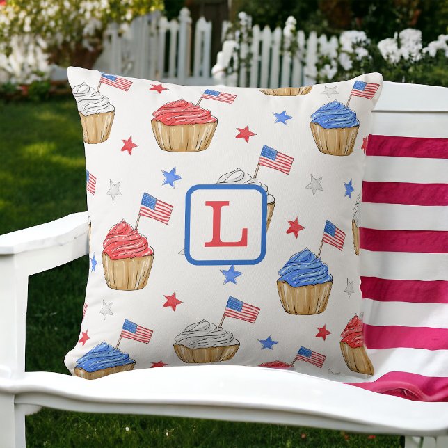 Monogram Patriotic Cupcake Red White Blue  Cushion (Creator Uploaded)