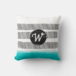 monogram pattern black white and turquoise boho cushion