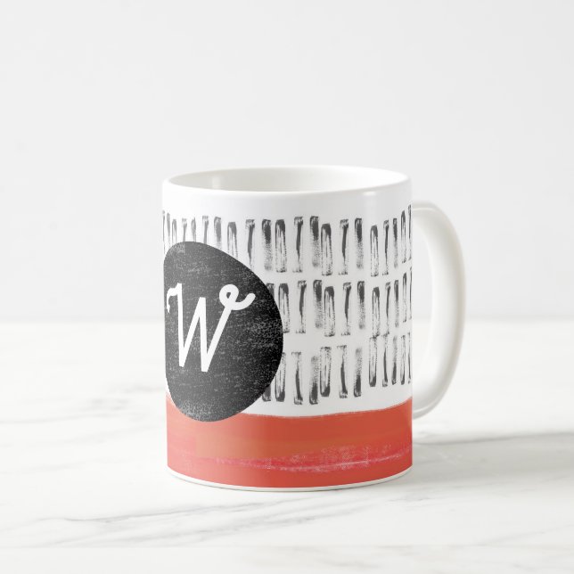 monogram pattern black white orange modern  coffee mug (Front Right)