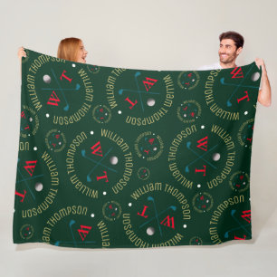 Monogram Pattern for Golf Players Dark-Green Large Fleece Blanket