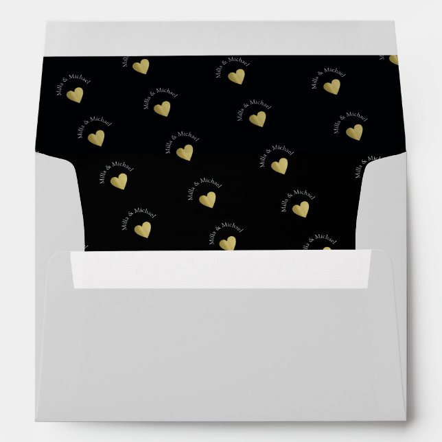 monogram pattern & golden love-hearts, pastel grey envelopes (Back (Bottom))