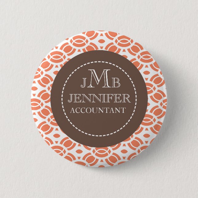 Monogram Pattern Name Badge Buttons Orange White (Front)