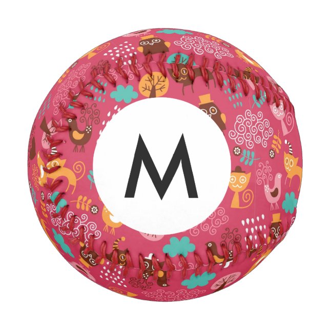 Monogram Pattern with cute birds and cats Baseball (Front Left)