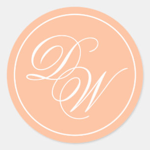 Monogram Peach 2 Initials Elegant White Script Classic Round Sticker