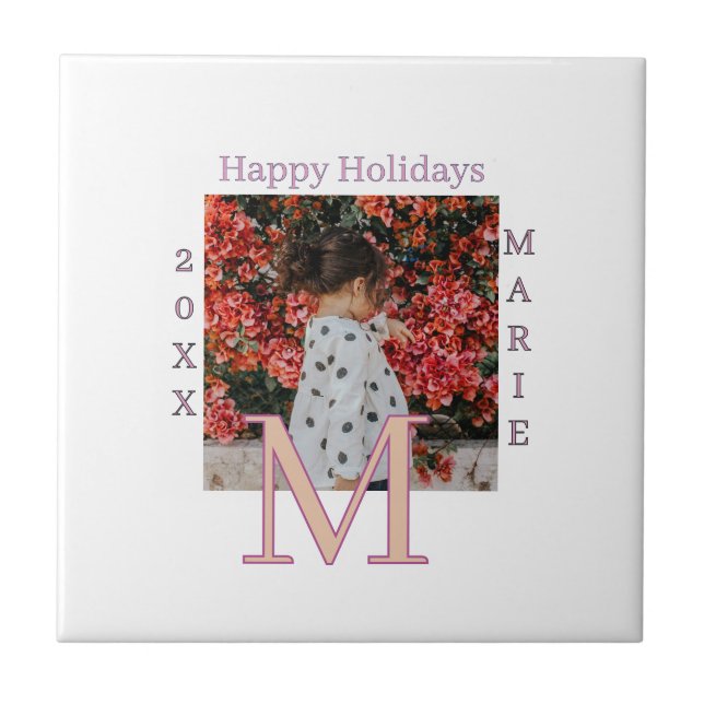 MONOGRAM PEACH GRAY NAME PHOTO YEAR CHRISTMAS HOLI CERAMIC TILE (Front)