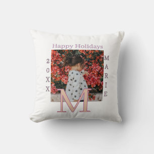 MONOGRAM PEACH GRAY NAME PHOTO YEAR CHRISTMAS HOLI CUSHION