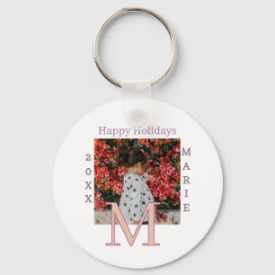 MONOGRAM PEACH GRAY NAME PHOTO YEAR CHRISTMAS HOLI KEY RING